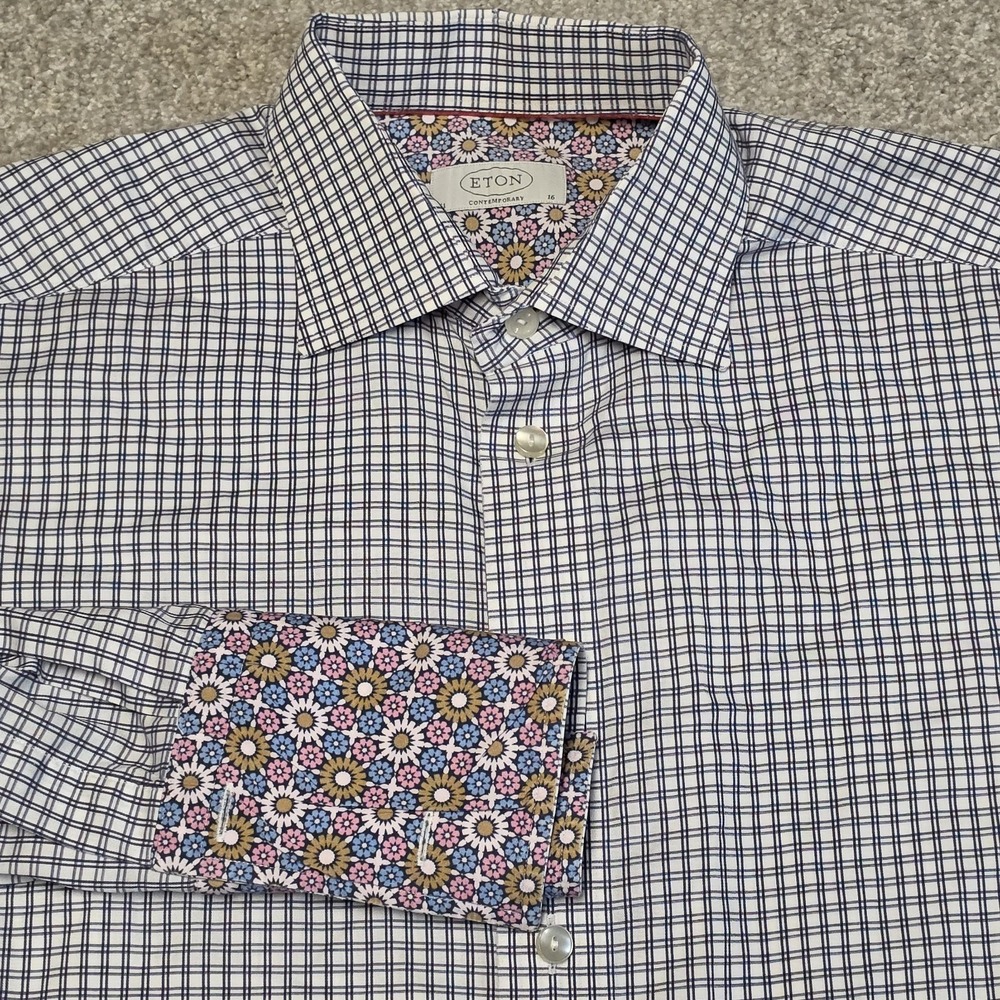 Eton Contemporary Dress Shirt Mens 16 41 Blue Check‎ Floral French Cuff Cotton